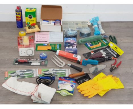 Large amount of DIY  items including garden tools paint brushes washing lines etc along with an antique jewelry cleaning solu