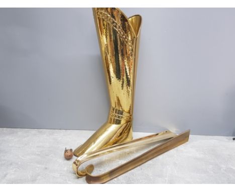Large vintage brass boot stick stand and 2 brass shoe horns