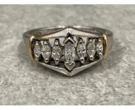 Ladies 14ct white gold Diamond ring. Comprising of 7 Marquise approx .48ct diamonds set across the ring. 5.14g size N1/2