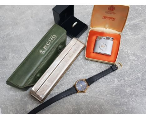 4 miscellaneous items includes M Hohner Echo harmonica with original case, Ronson lighter, Cz ring and ladies Avia wristwatch