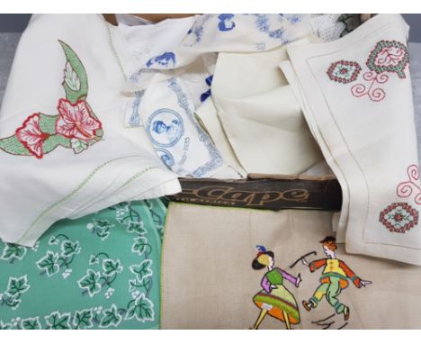 Box of vintage hankys and table linen, some pieces are commemorative