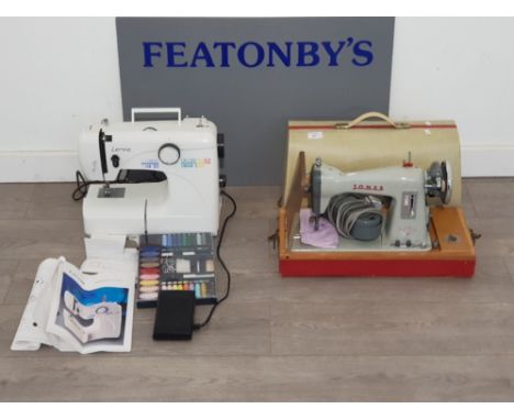 2 sewing machines a modern day levis with instructions along with a vintage Jones sewing machine in original case model cbd