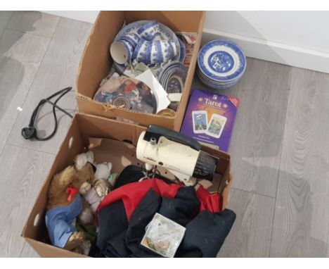 2 boxes of miscellaneous items includes blue and white indian tree dinnerware, collectors plates, vintage mixmaster food mixe