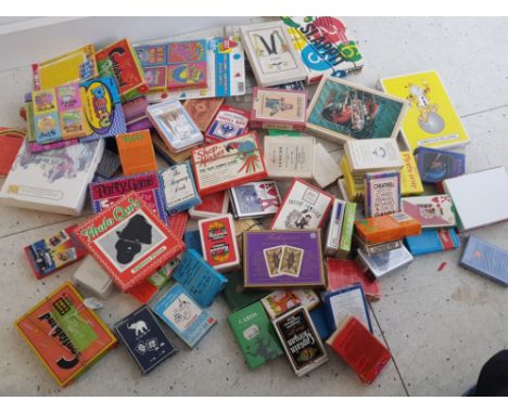 Box containing a large Quantity of vintage novelty playing cards inc king kong, contraband, jumbo sets etc, good condition in