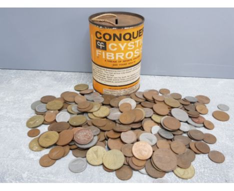 Vintage coin money bank tin containing 1.6KG of old irish coins