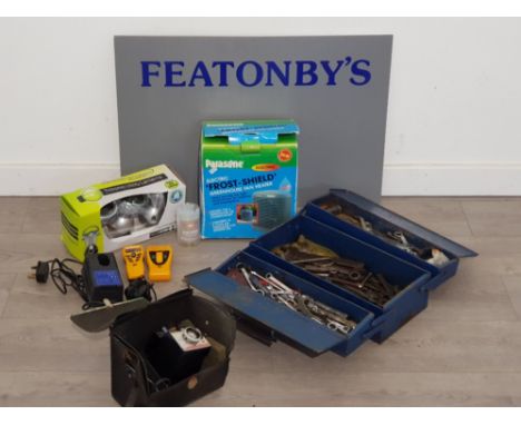 Tool box with contents includes SPANNERs Allen keys sockets etc along with a boxed parasene temperature control for propagati