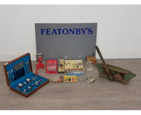 Canteen of cutlery in wooden case along with other vintage pieces of cutlery including vintage mince,vintage guillotine  etc