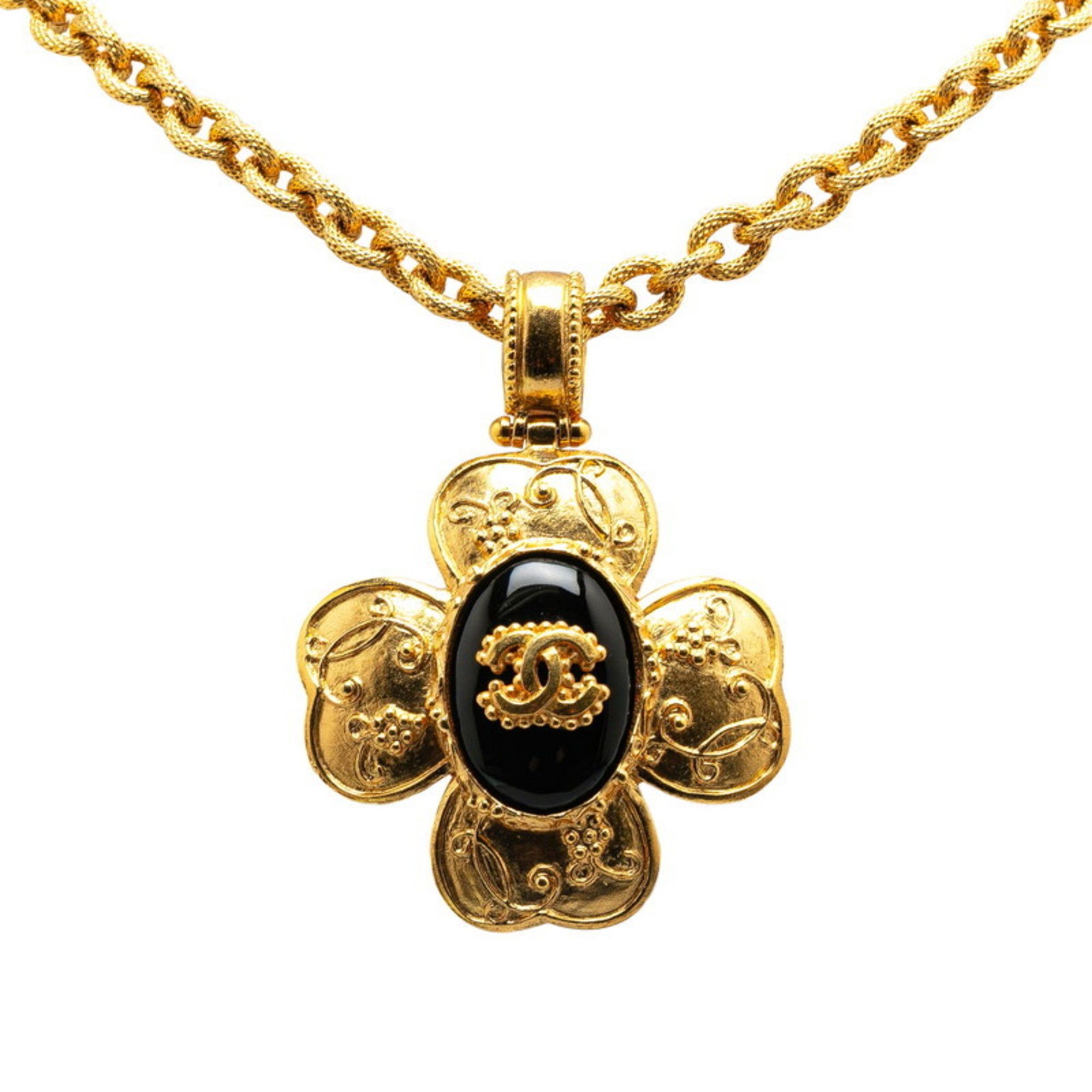 Chanel Coco Mark Gripoa Clover Motif Necklace Gold Black Plated Women's CHANEL