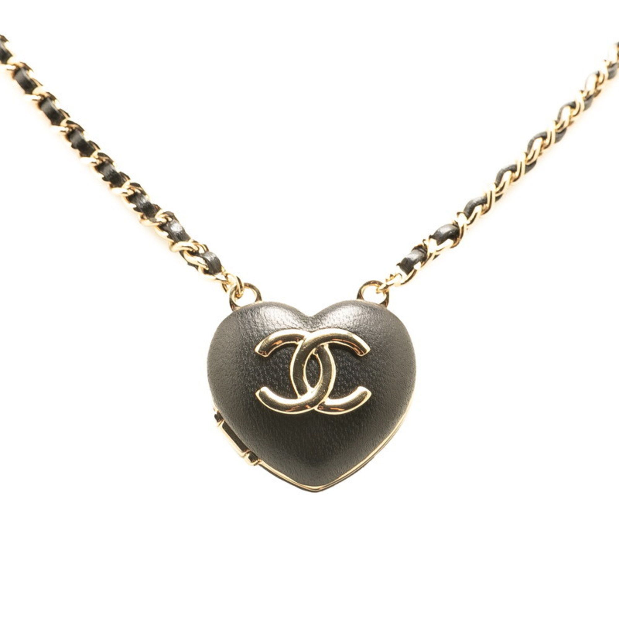 CHANEL Coco Mark Heart Mirror Locket Pendant Necklace in Black and Gold Lambskin for Women