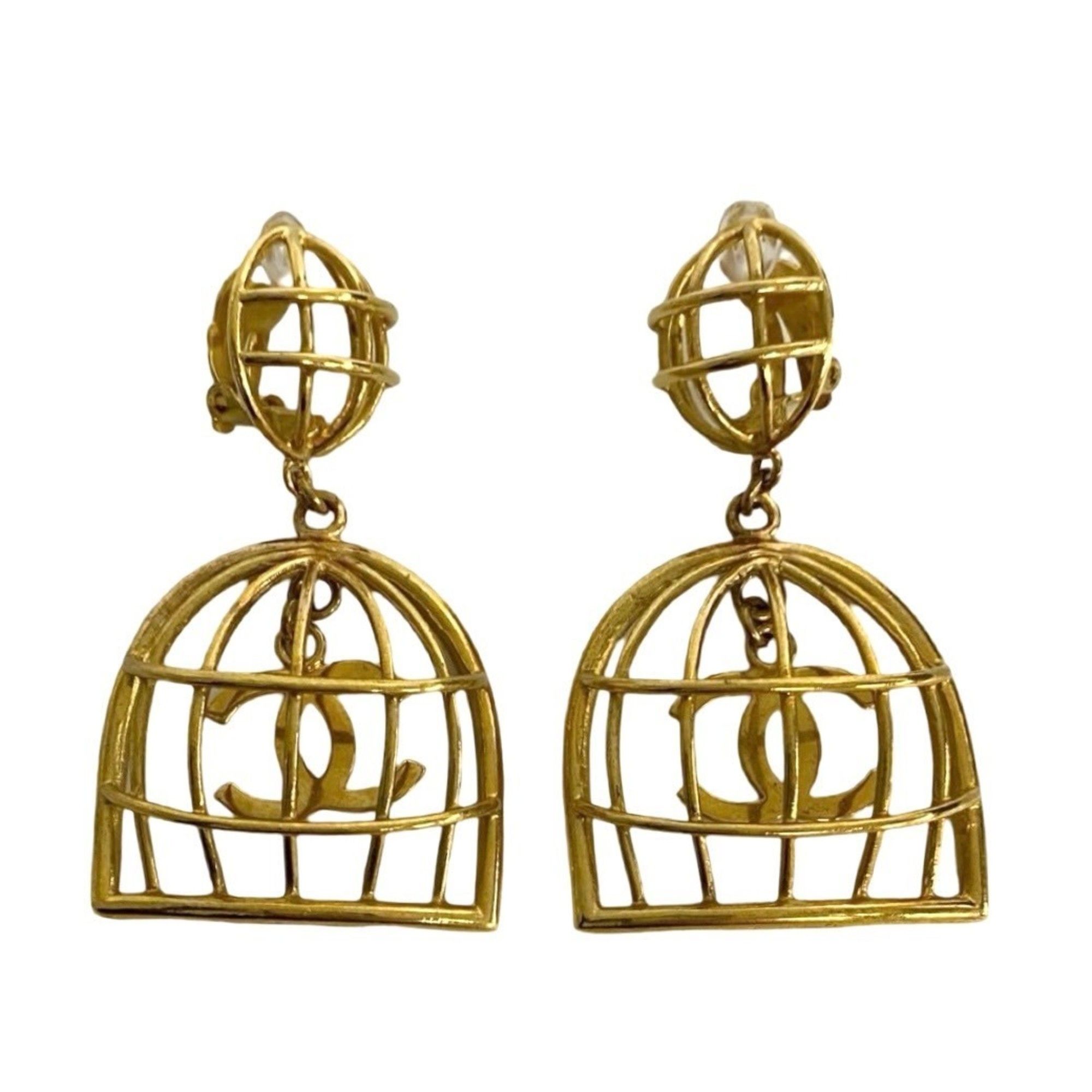 CHANEL Vintage Coco Mark 93A Engraved Birdcage Swing Earrings/Ear Cuff Gold 40074