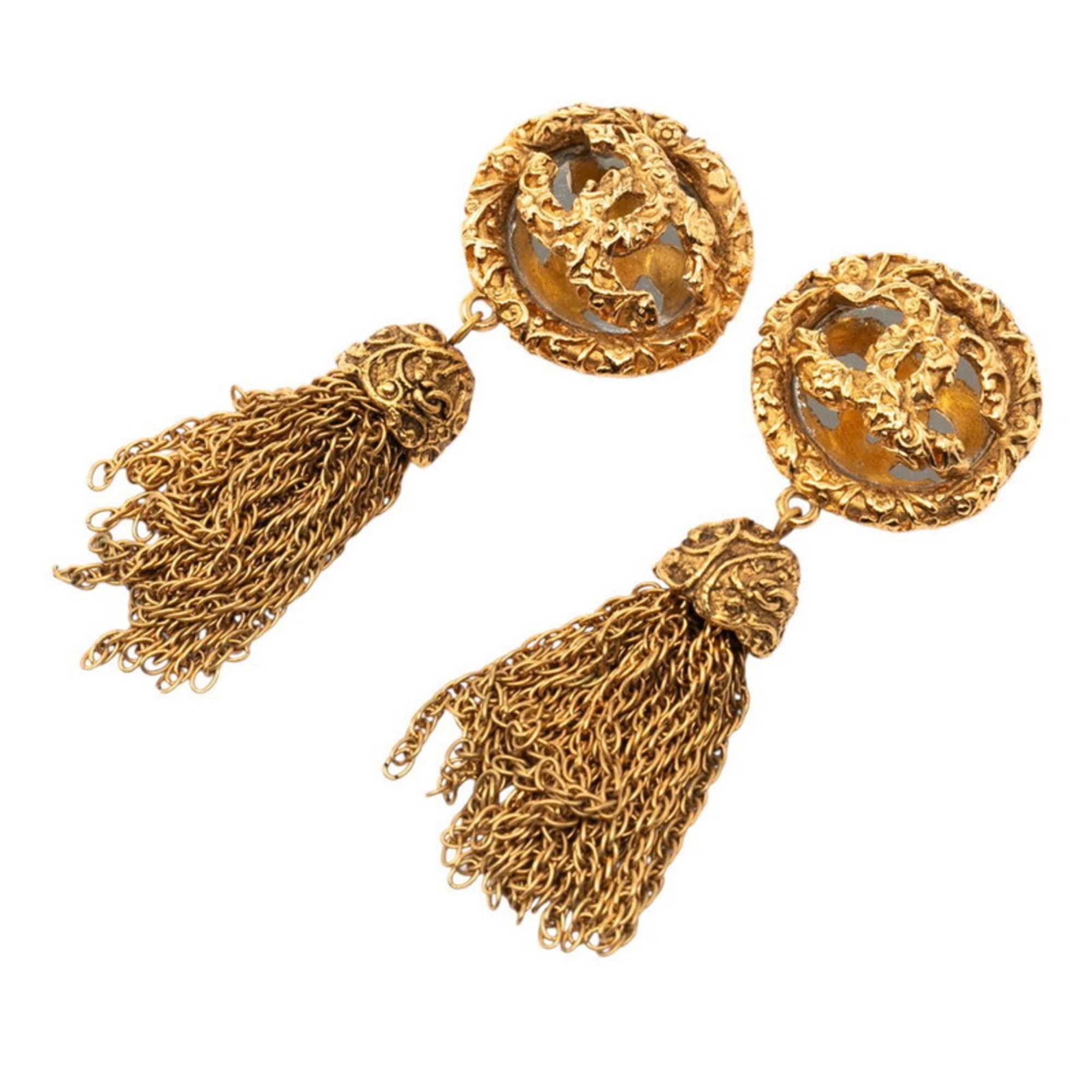 CHANEL Coco Mark Lava Mirror Fringe Earrings, Gold Plated, Women's