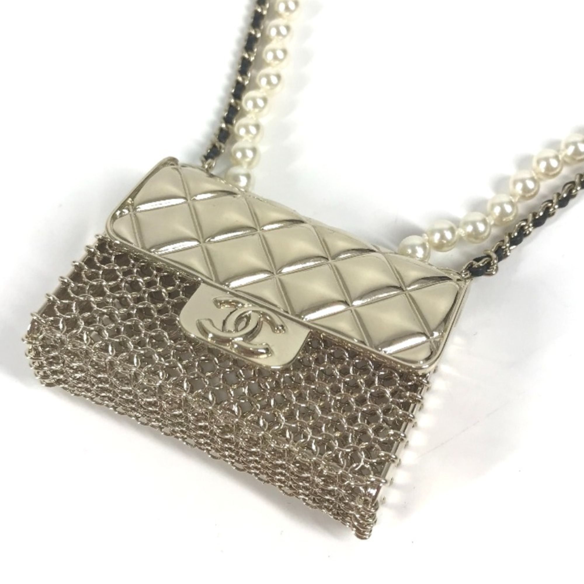 CHANEL B21S CC Coco Mark Matelasse Bag Chain with Faux Pearl Long Necklace, Gold, Like New, Women's