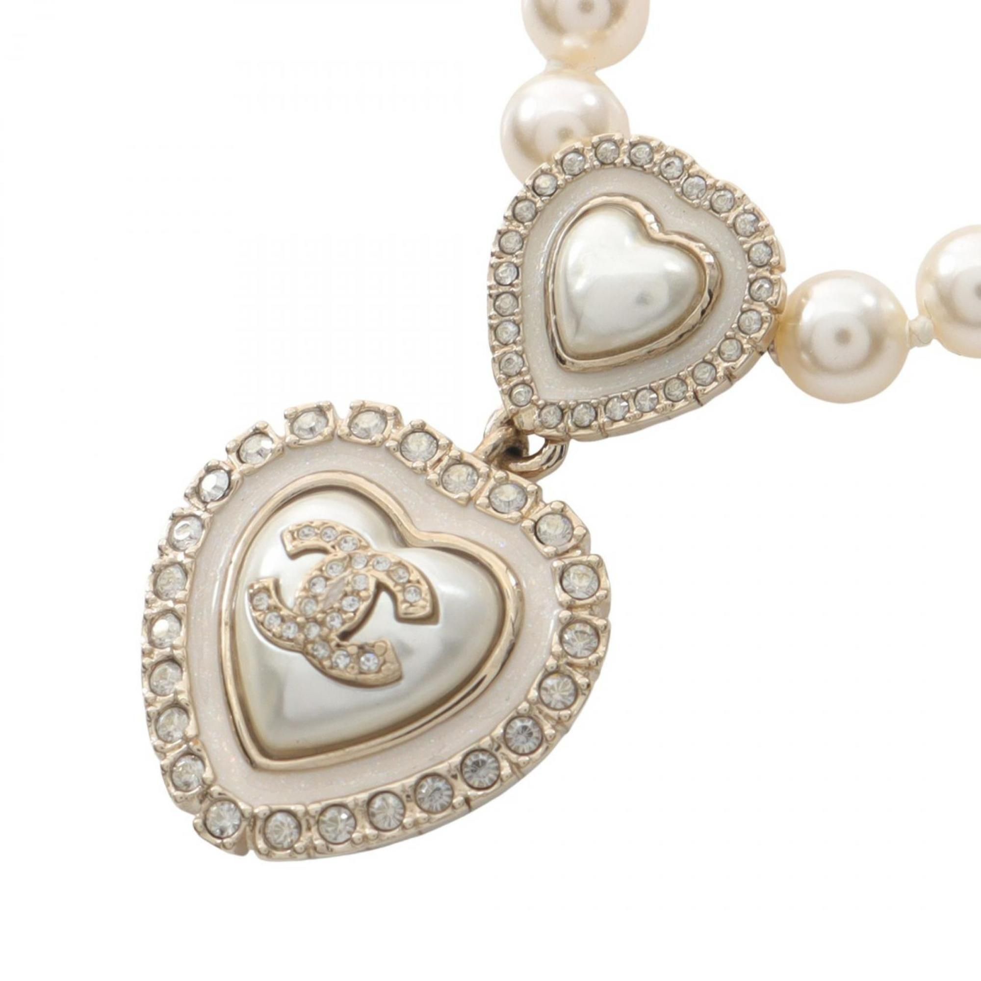 CHANEL Coco Mark Heart Necklace, Gold-Plated, with Faux Pearl and Rhinestones, Available in White, G