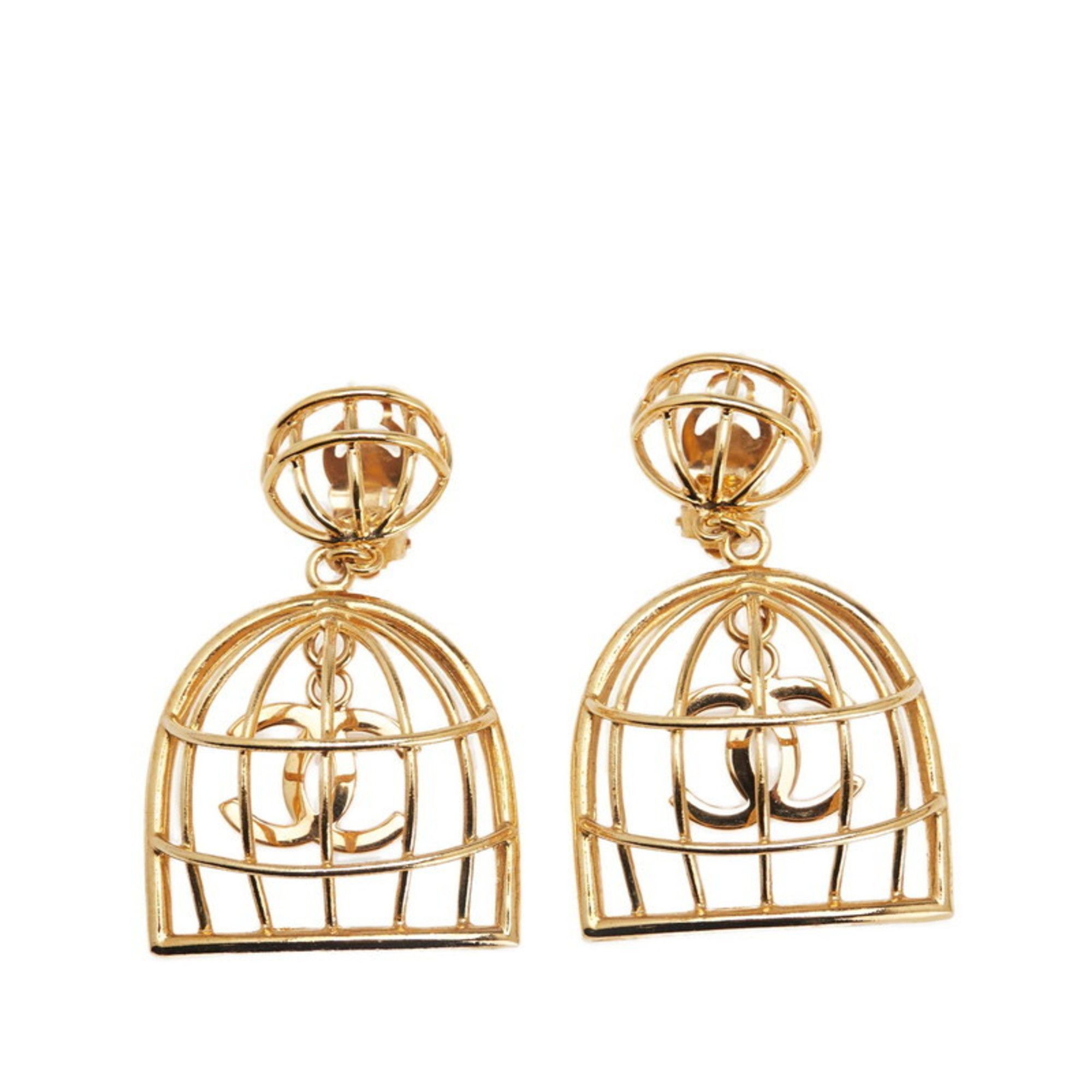 Vintage Chanel Coco Mark Birdcage Motif Earrings, Gold Plated, Women's, CHANEL