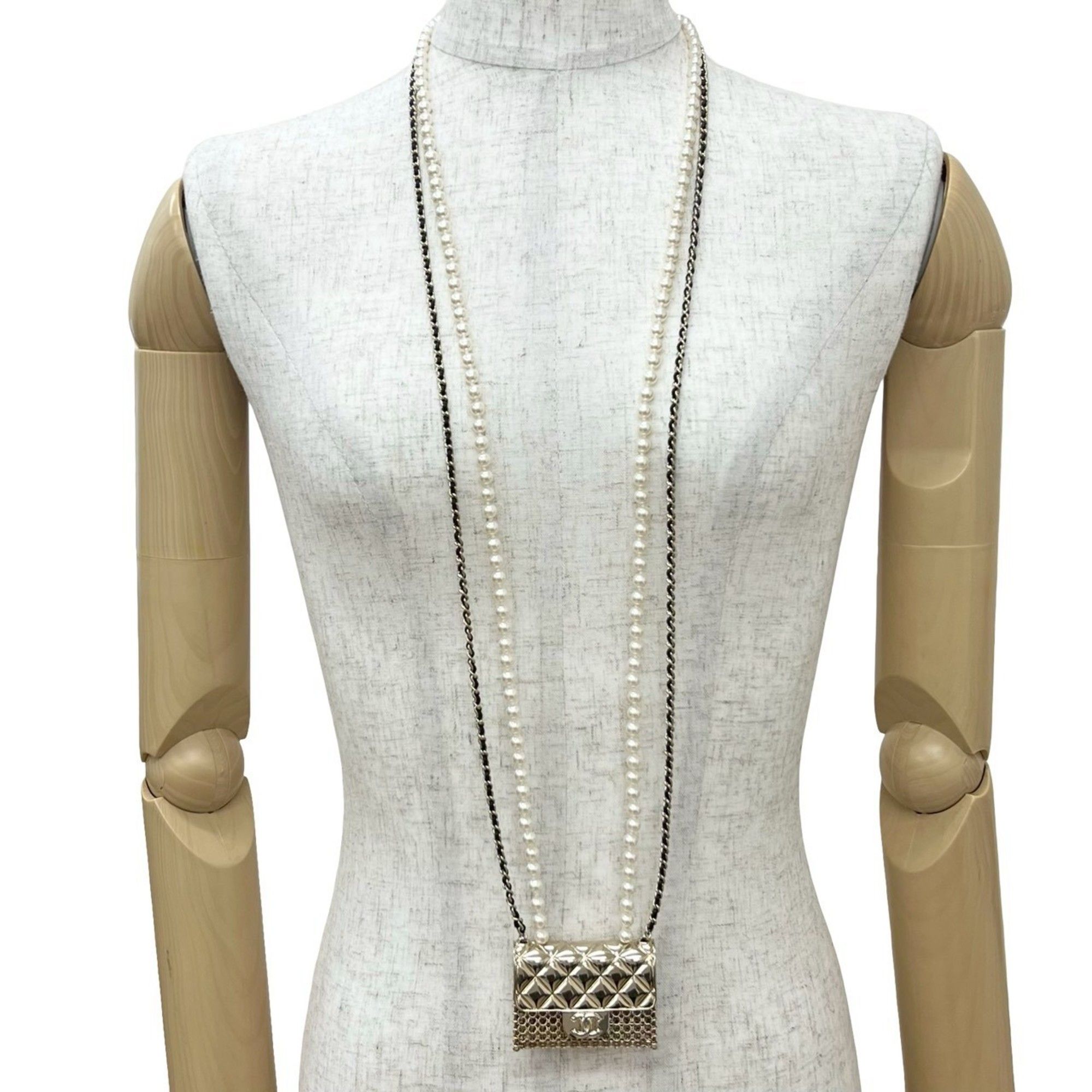 CHANEL Coco Mark Matelasse Bag Motif Metal Faux Pearl Chain Necklace 57877