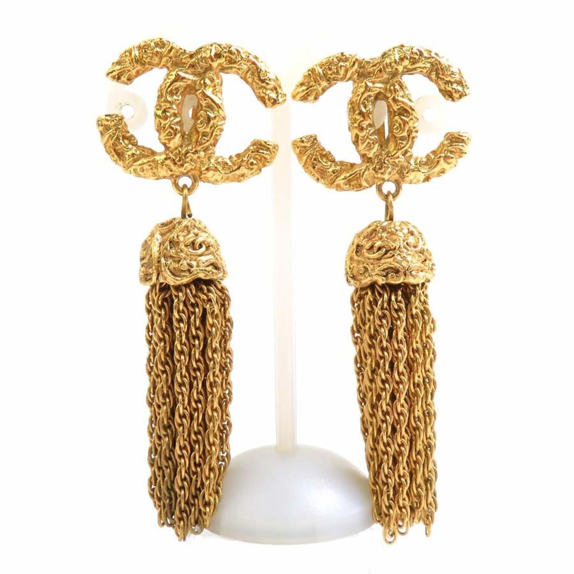 CHANEL Coco Mark Tassel Metal Gold Earrings for Women e60644