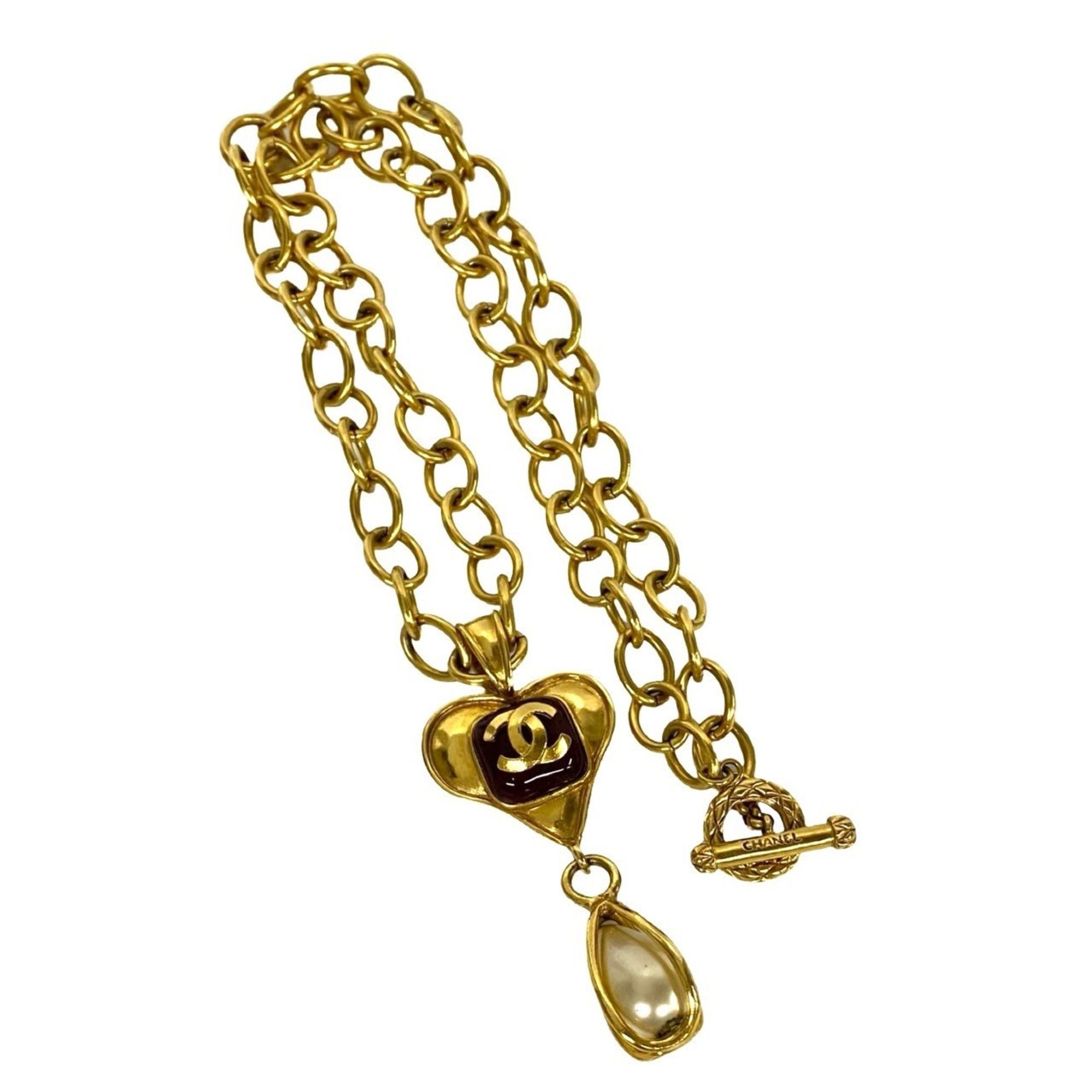 CHANEL Vintage 95P Engraved Gripoa Coco Mark Heart Faux Pearl Necklace Pendant Gold 27373