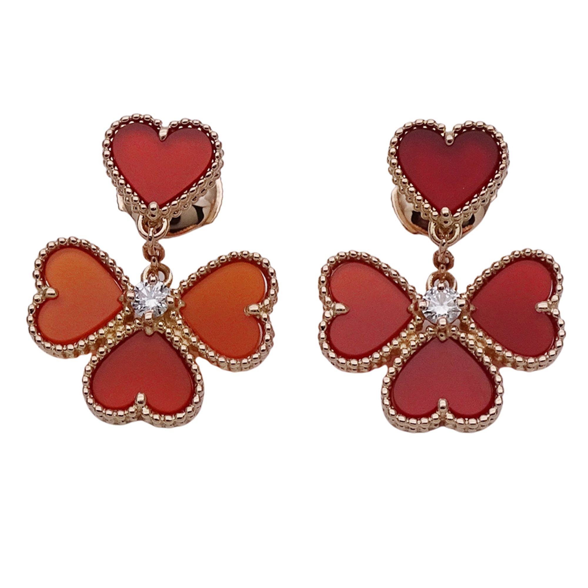 Van Cleef & Arpels Sweet Heart Alhambra F-Yage earrings for women, 750PG, carnelian, diamonds, and p