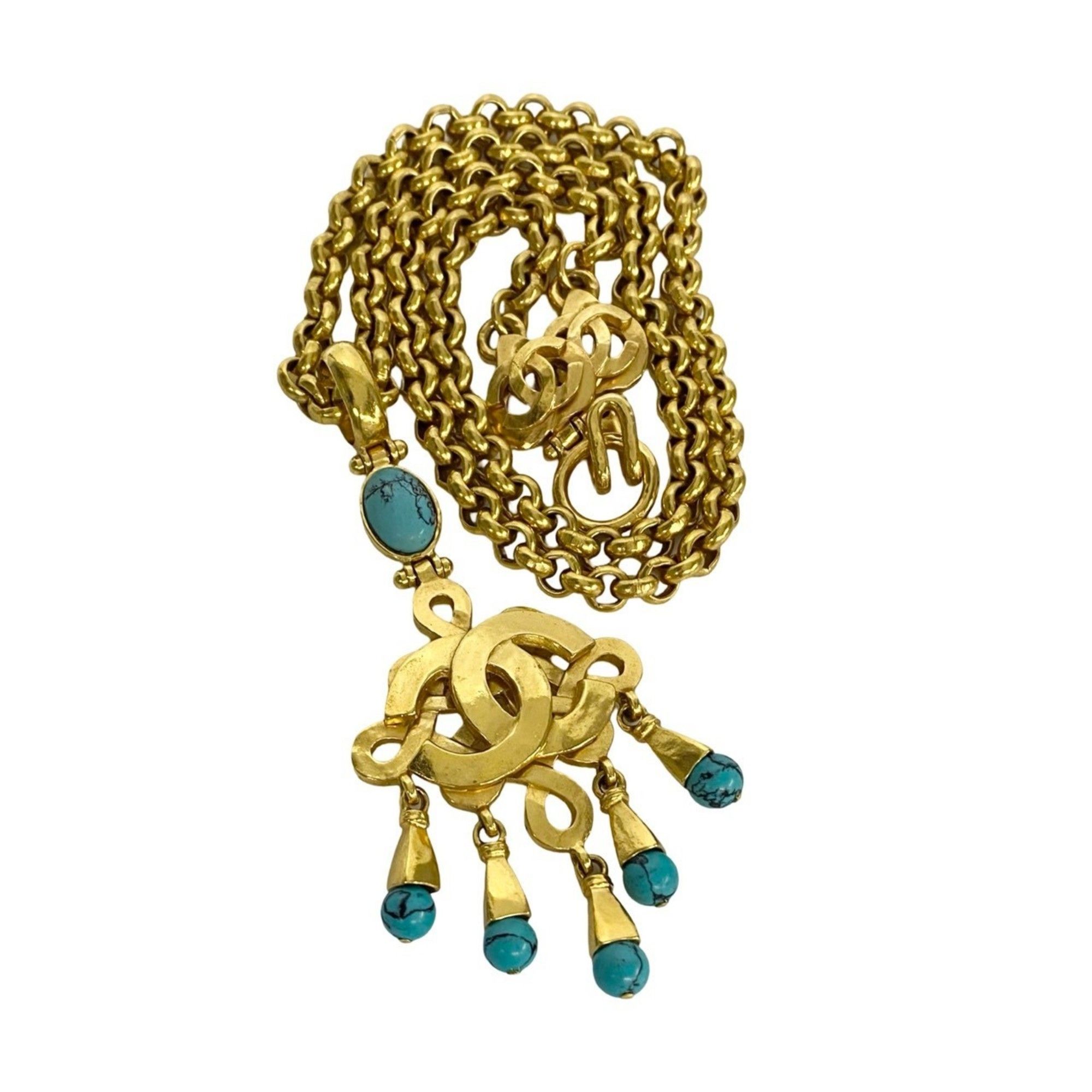 CHANEL Coco Mark GP Turquoise Chain Necklace Pendant Gold 74438