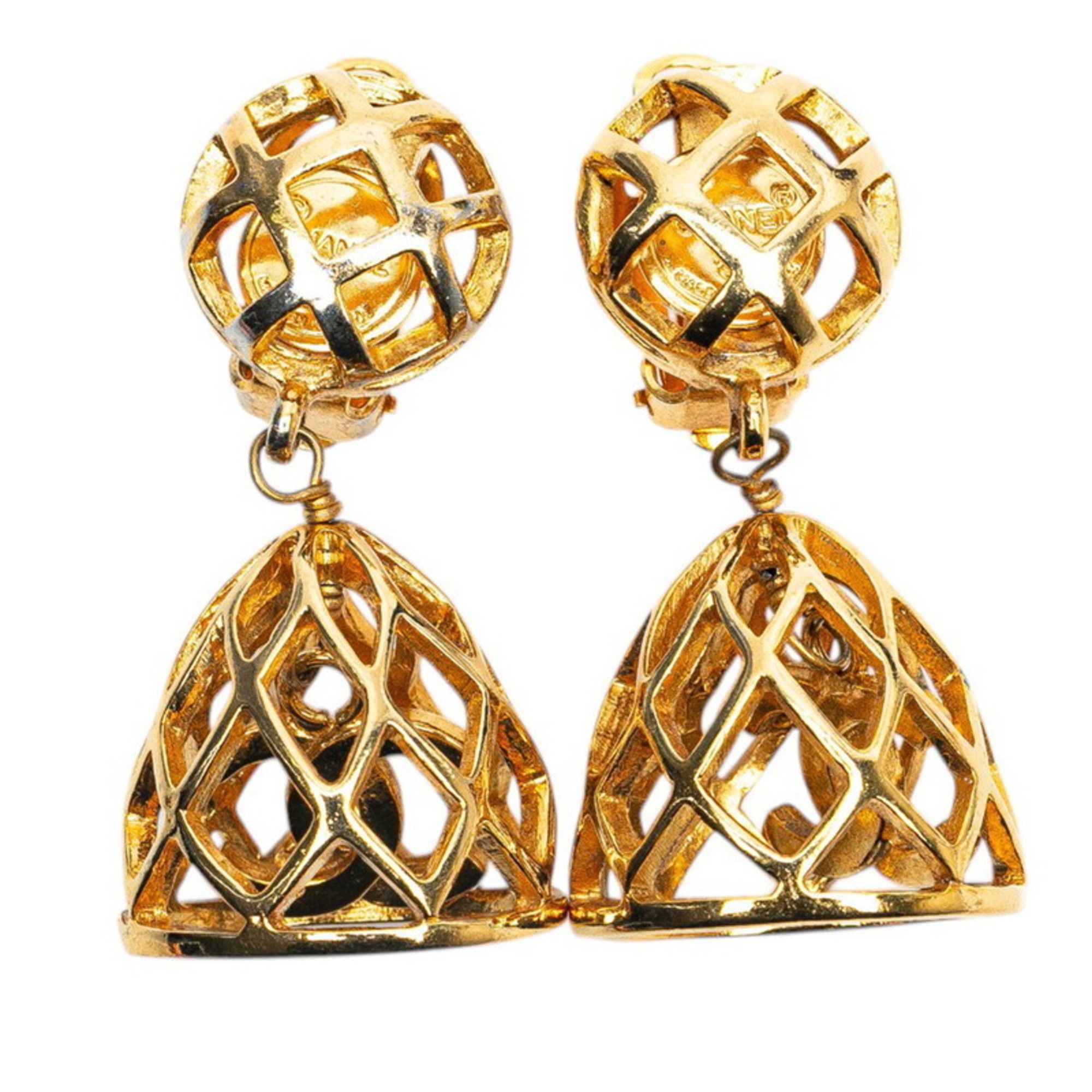 Chanel Coco Mark Birdcage Motif Swing Earrings, Gold Plated, Women's, CHANEL