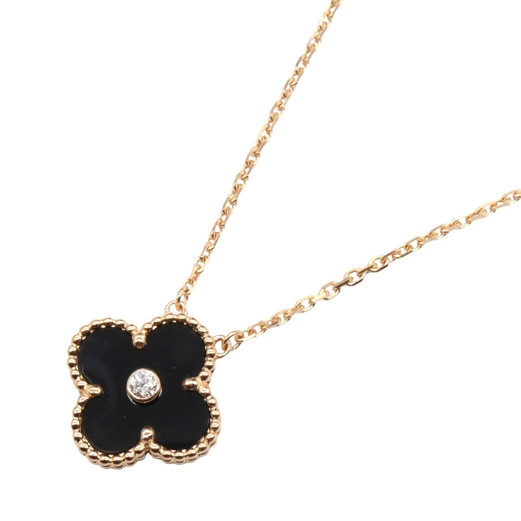 Van Cleef & Arpels Vintage Alhambra Necklace, 1PD, Onyx, Diamond, 18K Pink Gold, Clear, Black, Women
