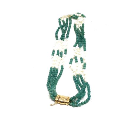 18ct gold clasp cultured pearl &amp; green quartzite multi strand necklace (55.5g) 