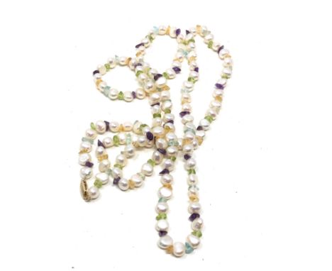 14ct gold clasp pearl, peridot, amethyst, citrine &amp; aquamarine single strand necklace (43.7g) 