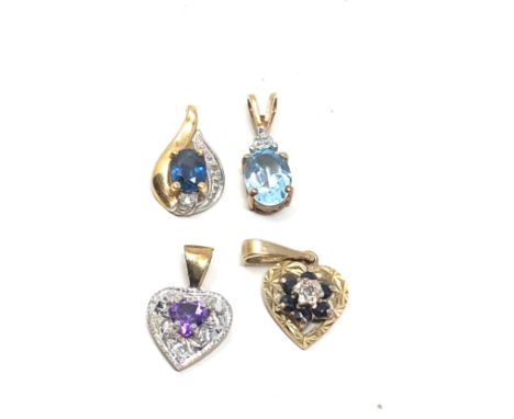 4 x 9ct gold gemstone &amp; diamond set pendants inc. sapphire, topaz &amp; amethyst (2.6g) 