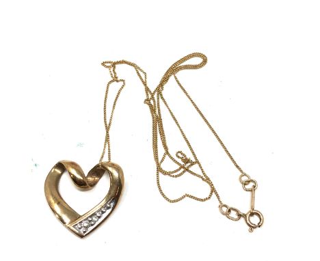 9ct gold vintage diamond set open heart pendant necklace (2.2g) 