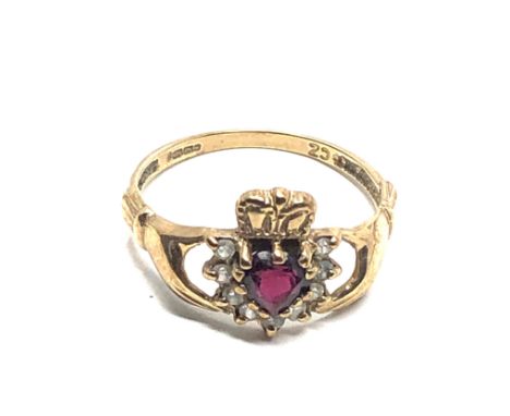 9ct gold vintage garnet &amp; clear stone ring (1.9g) 