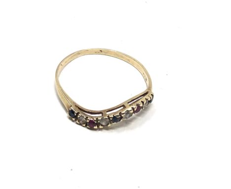 14ct gold sapphire, ruby &amp; clear stone ring (1.3g) 