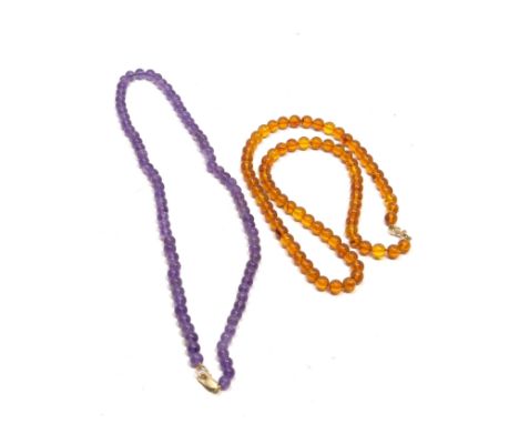 2 x 9ct gold clasp gemstone beads single strand necklaces inc. amethyst &amp; amber (29.6g) 