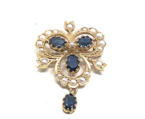 9ct gold sapphire &amp; pearl clover lavalier pendant / brooch (5.4g) 