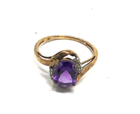 9ct gold vintage amethyst &amp; clear gemstone twist setting dress ring (2.1g) 