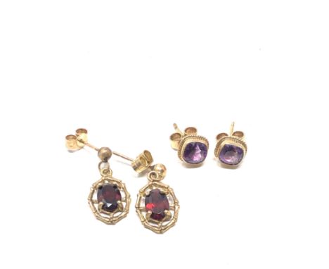 2 x 9ct gold vintage gemstone drop earrings amethyst &amp; garnet (3.1g) 