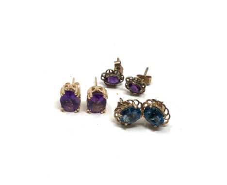 3 x 9ct gold paired gemstone stud earrings inc. amethyst &amp; topaz (3.7g) 