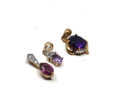 3 x 9ct gold gemstone &amp; diamond pendants inc. amethyst &amp; garnet (2.9g) 