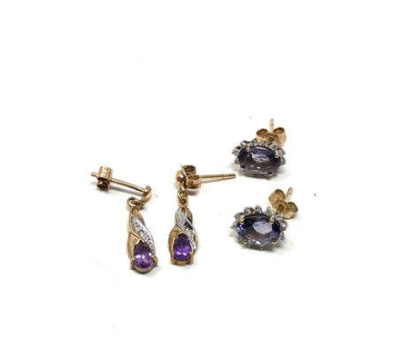 2 x 9ct gold stone set &amp; diamond earrings inc. tanzanite &amp; amethyst (2g) 