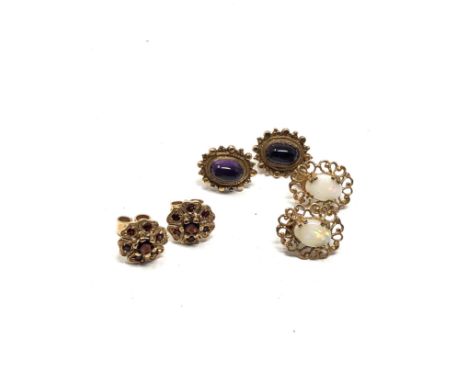 3 x 9ct gold vintage gemstone stud earrings inc. amethyst &amp; opal (4.2g) 