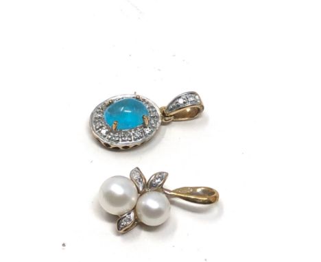 2 x 9ct gold gemstone &amp; diamond pendants inc. pearl &amp; blue gemstone (2g) 