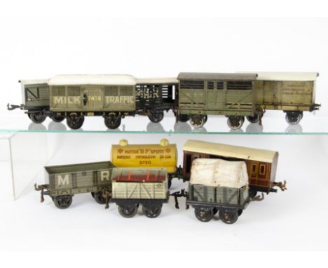 Bing and Other 0 Gauge Tinplate Rolling Stock, yellow BP Spirit tank wagon no 3720, milk traffic van no 7419, Midland Rly 5-p