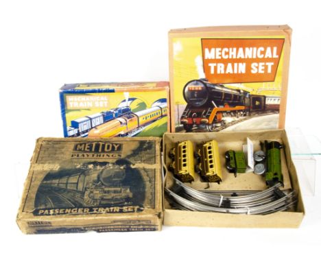 Boxed Mettoy and Brimtoy 0 Gauge clockwork Train Sets, Mettoy set no 5337 (with GWR-style 4-6-0 to lid illustration), contain