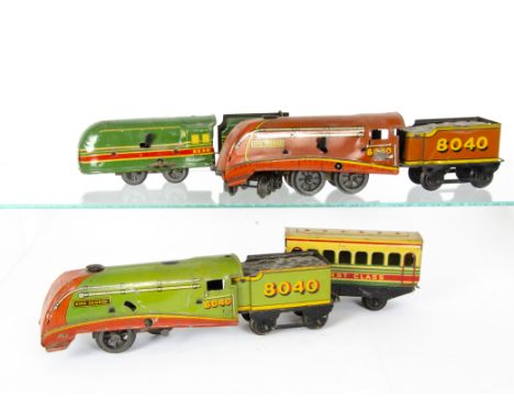 clockwork 0 Gauge Trains by Brimtoy, including streamliners 'King George 4-4-0 and tender no 8040 in brown/red, uncommon 'Kin