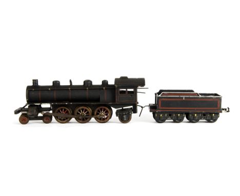 A Bing 0 Gauge clockwork American-style 'Pacific' Locomotive and Bogie Tender, in red-lined black livery without numbers or o