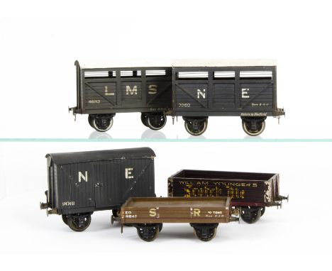 Milbro or Similar 0 Gauge 4-wheeled Freight Stock, cattle wagons in LMS grey no 46213 and NE grey no 7960, NE box van no 9061