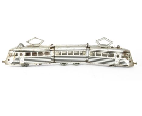 A Joustra 0 Gauge 3-part Electric Railcar Set, with battery-powered motor and lights, in silver/grey lithographed finish with