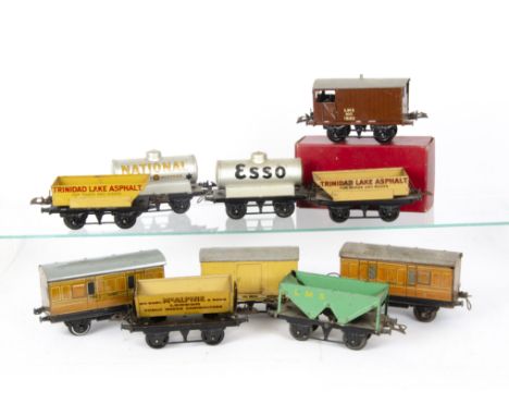 Hornby O Gauge 4-wheeled Rolling Stock, mostly post-war, including buff LMS Insul-meat, LMS hopper and brake van, 3 tank wago
