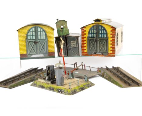 Bing O Gauge Engine Sheds and Other Accessories, an early single-line loco shed with embossed walls, added window details and