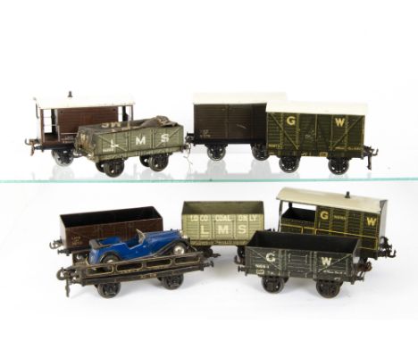 Bassett-Lowke (Winteringham) 0 Gauge GWR and LMS Freight Stock, lithographed tinplate GWR 12T van no 103873, open wagon 91694