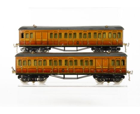 A Pair of Hornby O Gauge Illuminated No 2 Metropolitan Railway LNER Brake/3rd Coaches, both in lithographed MET brown livery,